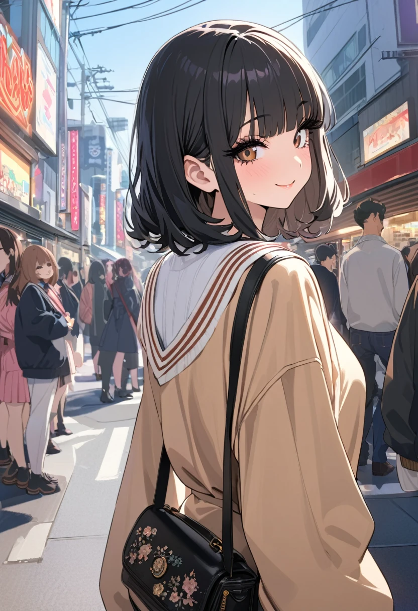 ,Highest quality、Best image quality、masterpiece、One person,high school girl,(eyelash:1.3), (eye shadow:1.3), (Beautiful attention to detail:1.4) ,A nice face,smile,girl,(Detailed face:1.2), ,masterpiece, fashion,Tokyo,Harajuku,, Medium Hair, Black Hair, Twin tails, Blunt bangs, Brown eyes,