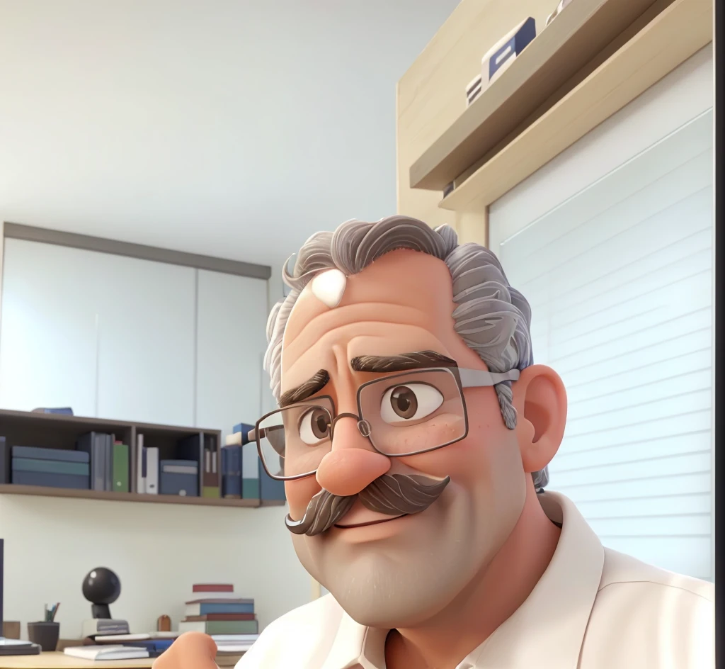 A man with short curly graying hair, a mustache and glasses is standing in an office setting. He has a slight smile on his face and appears to be looking directly at the camera. The office environment includes white cabinets, a bulletin board with various papers attached, and other office equipment visible in the background.