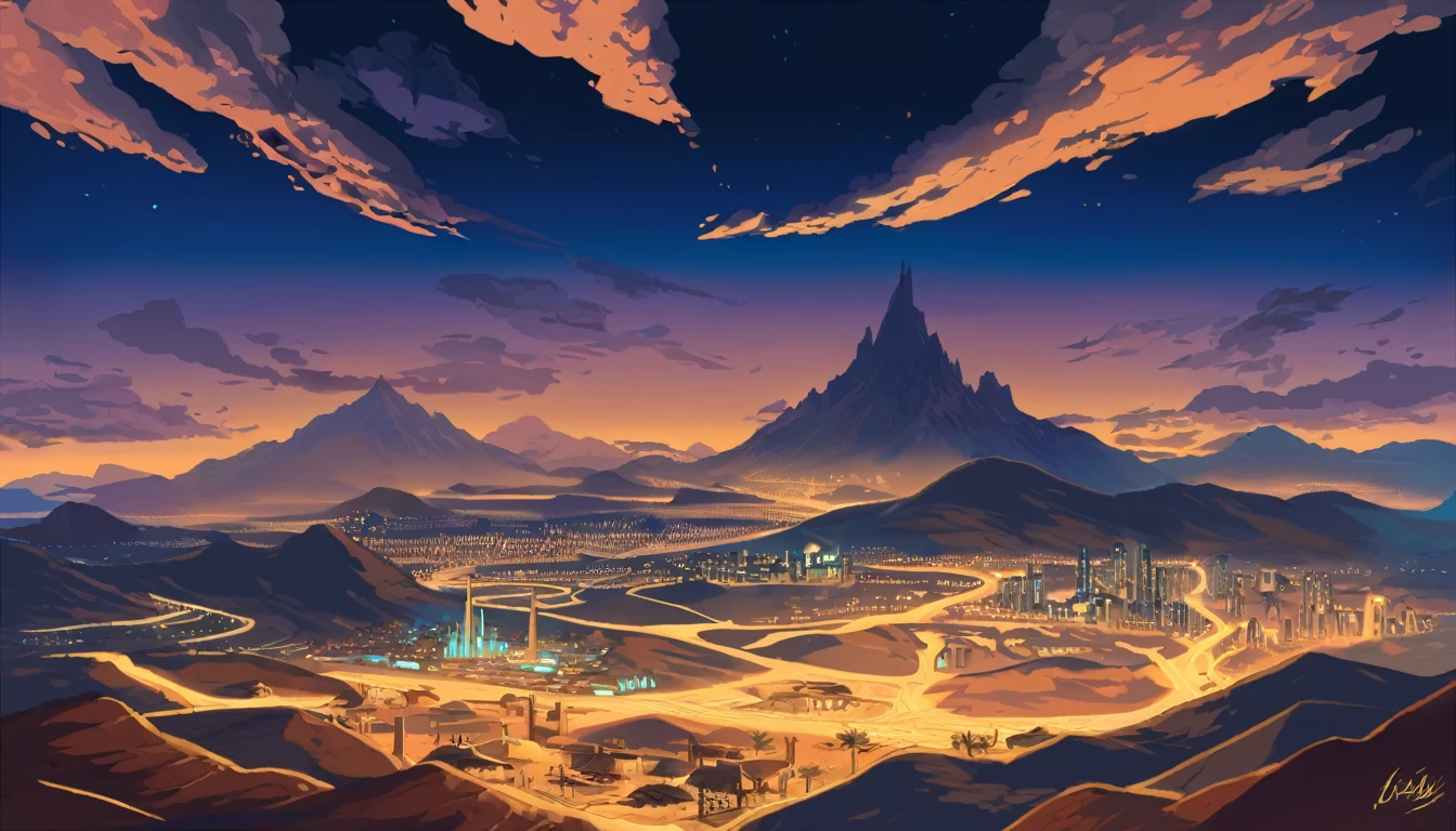 Mountain at night, A futuristic city floating in the desert in the background, Low clouds cover the mountains, Ghibli style、It&#39;s like Spirited Away in 3D.