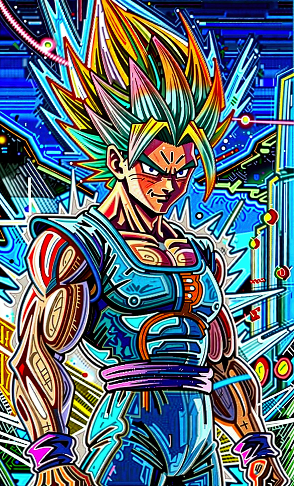 full-body shot, dragon ball Super art style, young muscular bulky brawny, one saiyan monkey tail, Full power Legendary Super Saiyan, all glowing green hair, thicker eyebrows, glowing yellow eyes, subtle grin expression, in a big bang attack stance, green kai lightning surrounds him, all black clothes, night with city in the background, solo,