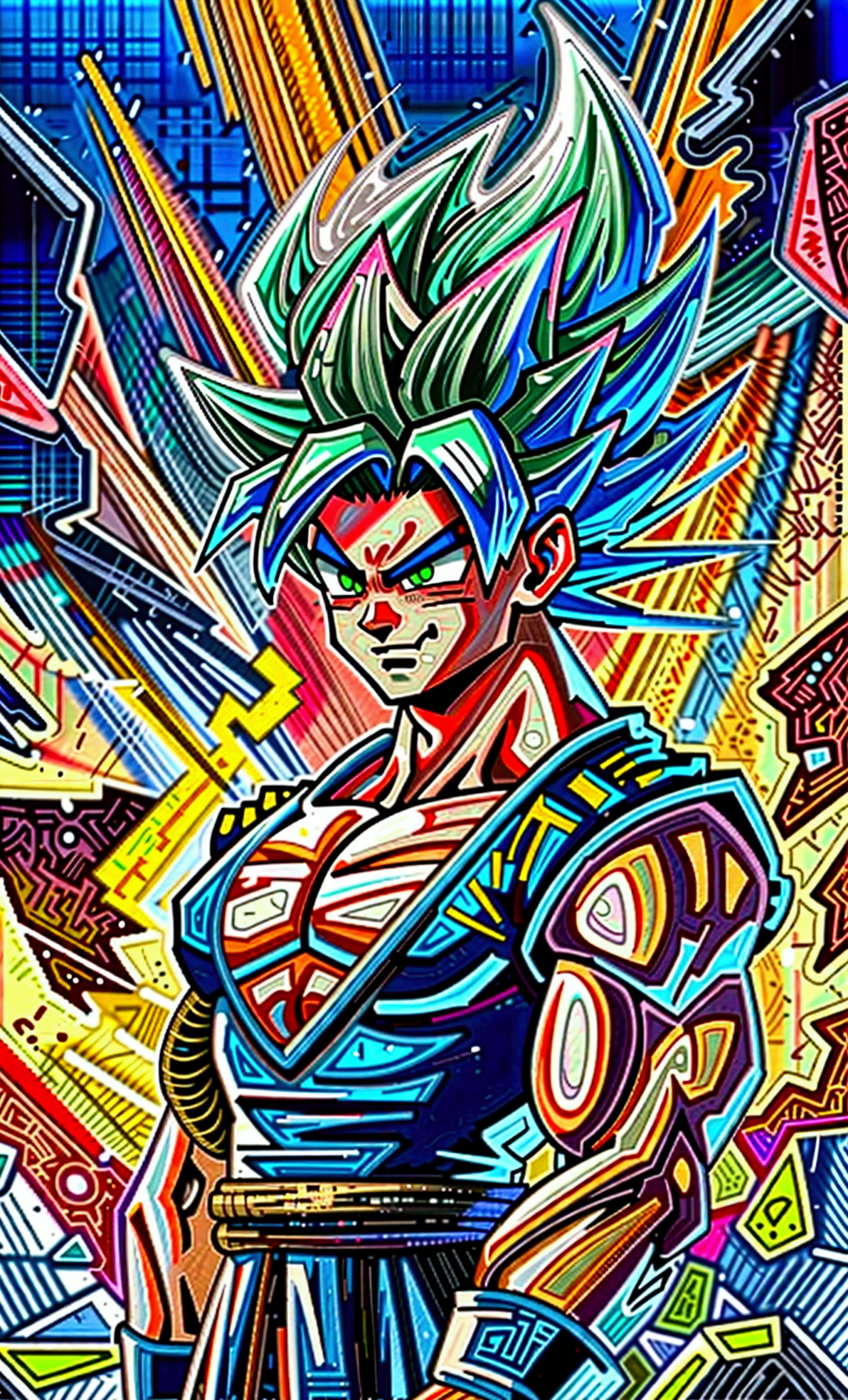 full-body shot, dragon ball Super art style, young muscular bulky brawny, one saiyan monkey tail, Full power Legendary Super Saiyan, all glowing green hair, thicker eyebrows, glowing yellow eyes, subtle grin expression, in a big bang attack stance, green kai lightning surrounds him, all black clothes, night with city in the background, solo,