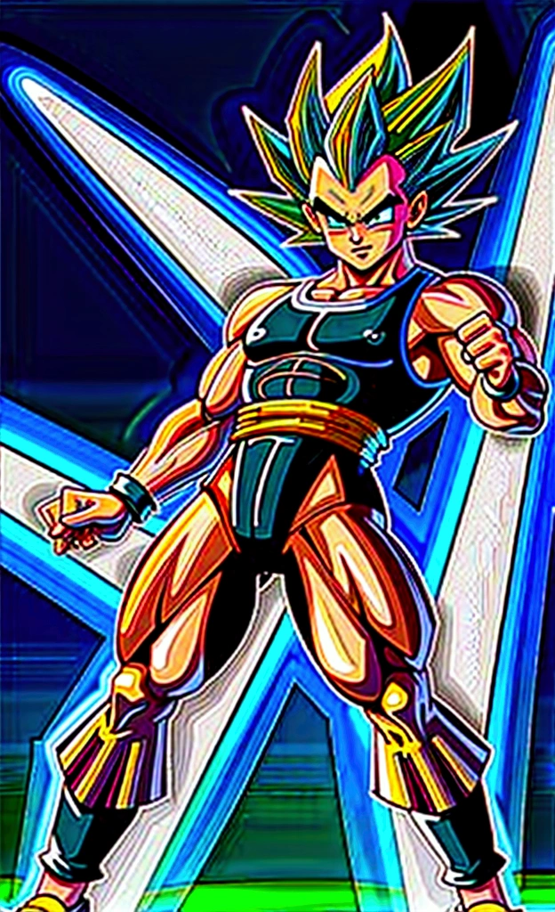 full-body shot, dragon ball Super art style, young muscular bulky brawny, one saiyan monkey tail, Full power Legendary Super Saiyan, all glowing green hair, thicker eyebrows, glowing yellow eyes, subtle grin expression, in a big bang attack stance, green kai lightning surrounds him, all black clothes, night with city in the background, solo,