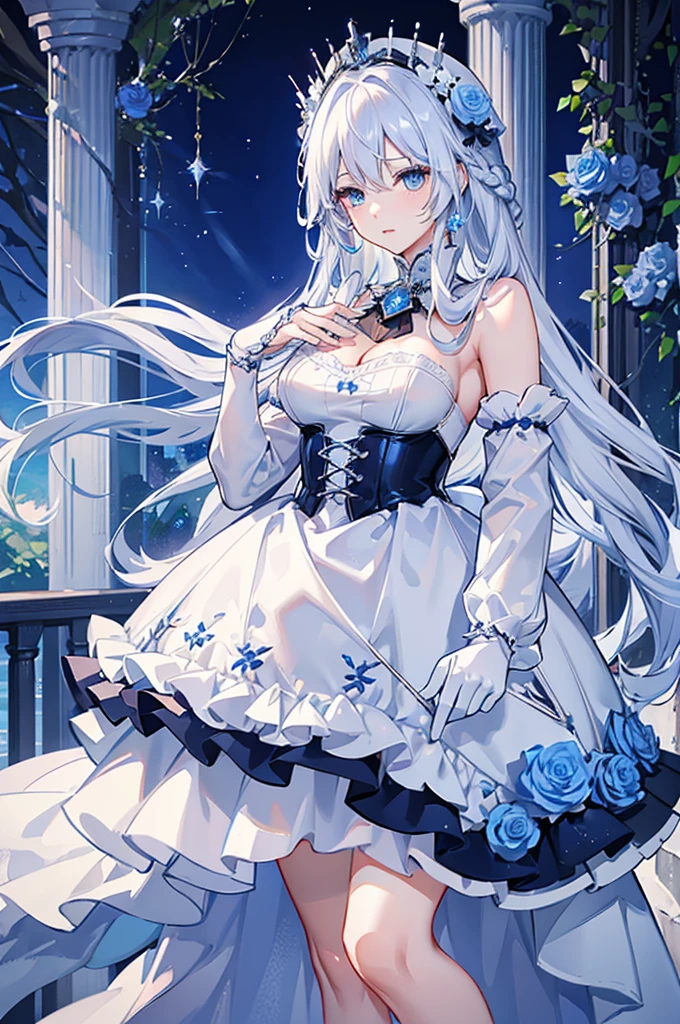 A woman with white hair and blue eyes、adult、Long, fluffy wavy hair、Braiding、Wearing hair ornaments、Princess、White gloves、Blue roses and white roses、Wearing a lace dress、Putting index finger on lips、Fantasy