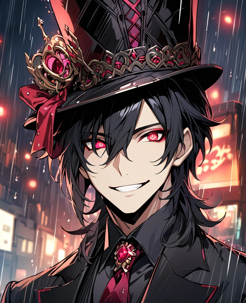 (black_hair), (deep_ruby_eyes), (detailed_eyes), (smile), (attractive), (street_background), (raining), (glowing_eyes), (male), (wearing _a_black_suit), (long_male_hair), (detailed_Hair), (detailed), (detailed_mouth), (top_hat), (close_up), (adult)