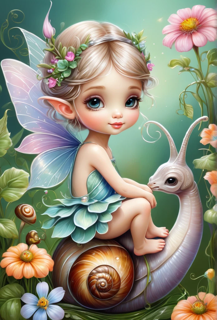 Beautiful tiny fairy sitting on a snail,flowers,vines,grass(high quality),(refined details),(art work),(pastel painting),(fantasy style)