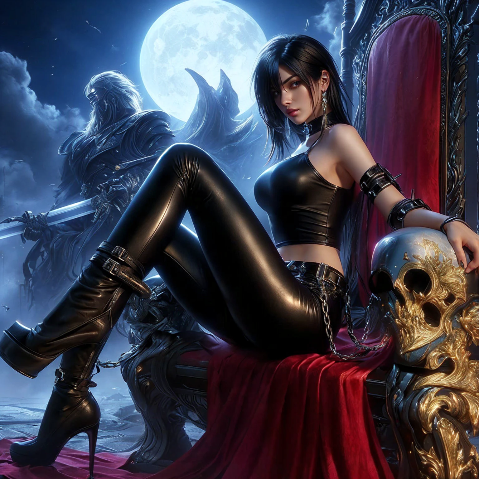 Black haired woman, tight black leather outfit. , Fine Red Sword , ,,realistically