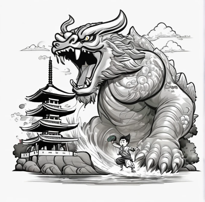 t-shirt design in the cartoon anime style, an Asian boy is fighting against a giant monster near a Japanese temple, with a transparent background, in PNG format.