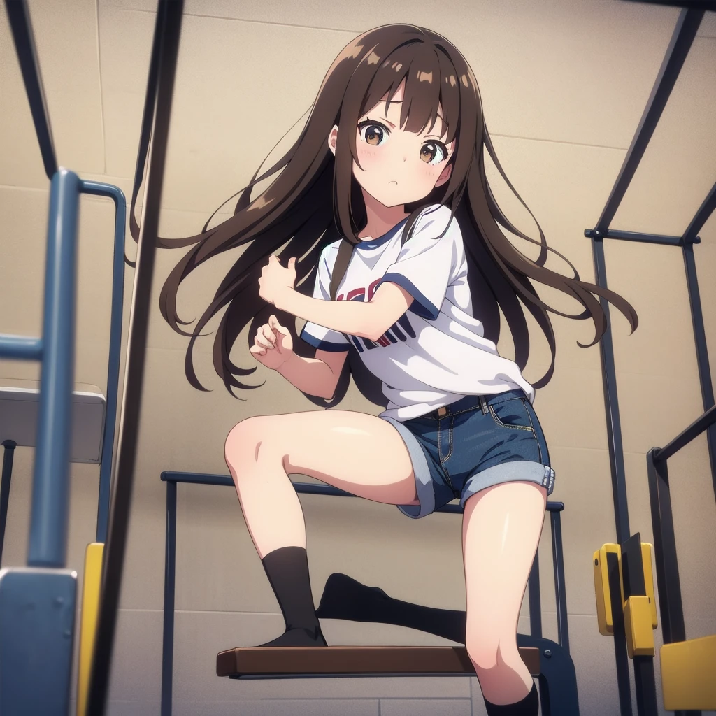 Highest quality, 8k, Junior high school girl, long brown hair, small Breasts, Horizontal bar, Forward upward circling, Lift your legs, Horizontal bar にぶら下がる, T-Shirts, Denim shorts, black knee high stockings, playground