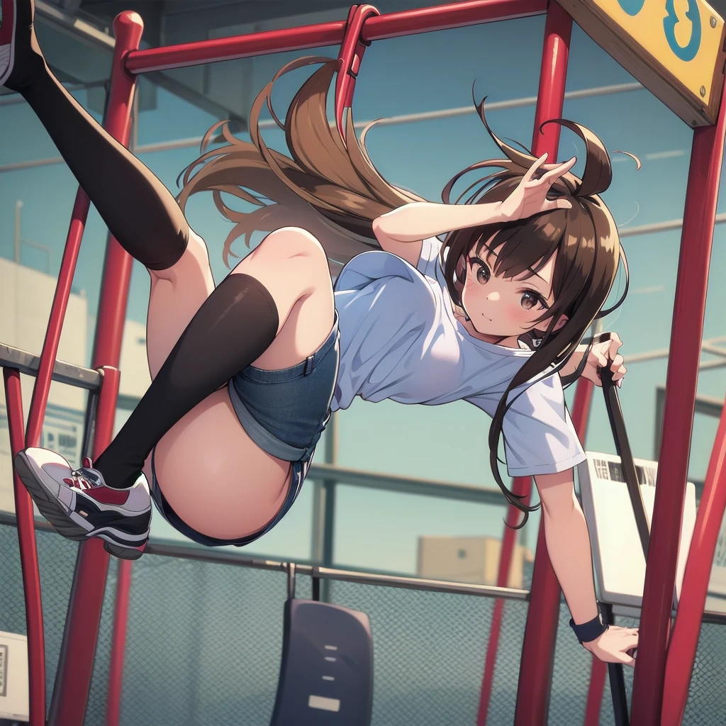 Highest quality, 8k, Junior high school girl, long brown hair, small Breasts, Horizontal bar, Forward upward circling, Lift your legs, Horizontal bar にぶら下がる, T-Shirts, Denim shorts, black knee high stockings, playground