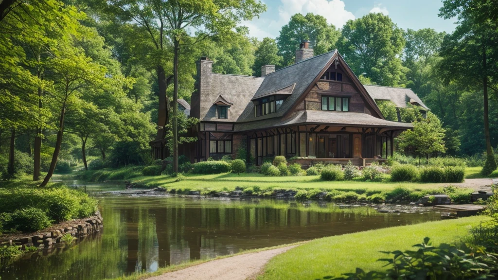 beautiful house on a forest path, cottage, Brick house, house in the florest, Lush Environment, cabine, peaceful masonry mansion, outer, tranquil atmosphere, graffiti
