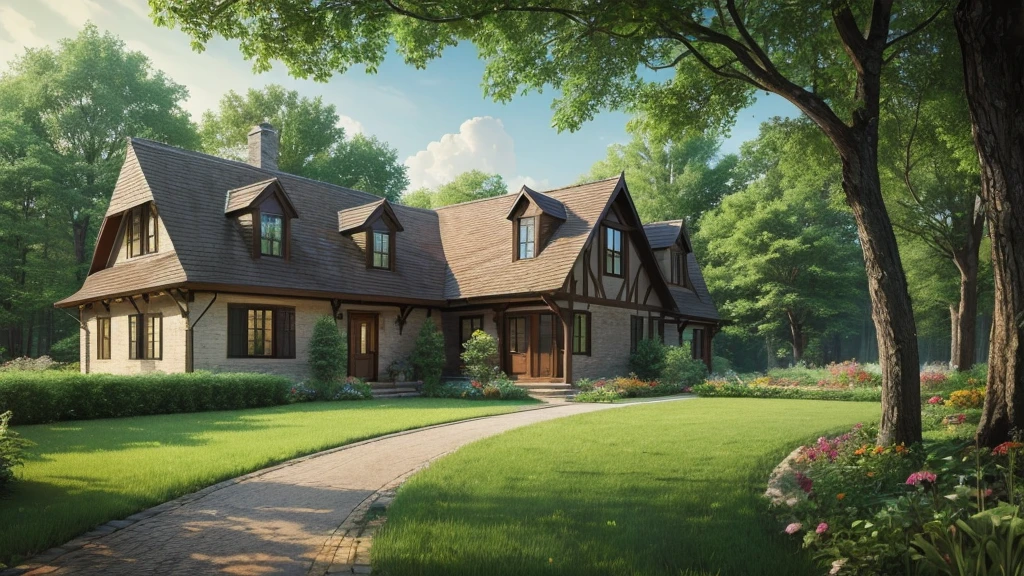 beautiful house on a forest path, cottage, Brick house, house in the florest, Lush Environment, cabine, peaceful masonry mansion, outer, tranquil atmosphere, graffiti