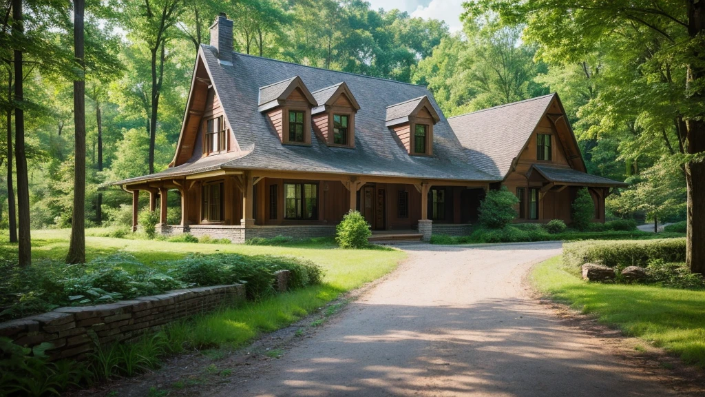 beautiful house on a forest path, cottage, Brick house, house in the florest, Lush Environment, cabine, peaceful masonry mansion, outer, tranquil atmosphere, graffiti