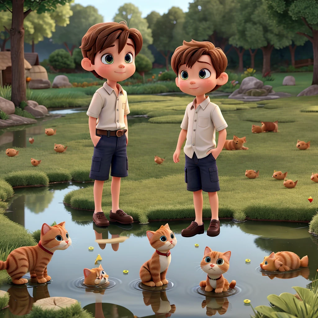 A cute little boy with dark hair and eyes and a blonde stood with a ginger cat, all around the pond, looking at the fish jumping out of the water. Pixar 3d style.