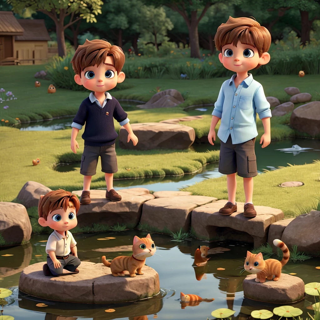A cute little boy with dark hair and eyes and a blonde  stood with a ginger cat, all around the pond, looking at the fish jumping out of the water. Pixar 3d style.