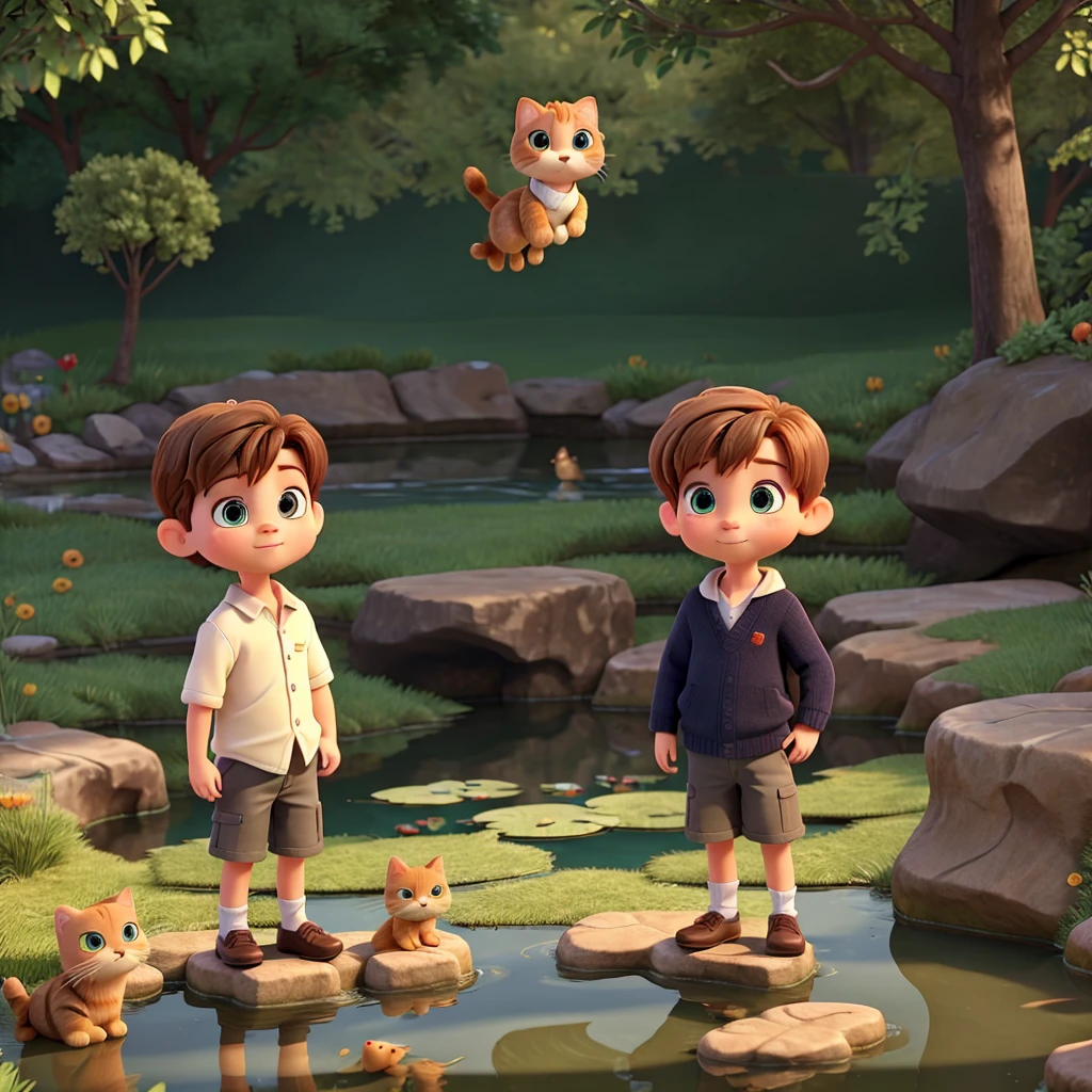 A cute little boy with dark hair and eyes and a blonde stood with a ginger cat, all around the pond, looking at the fish jumping out of the water. Pixar 3d style.
