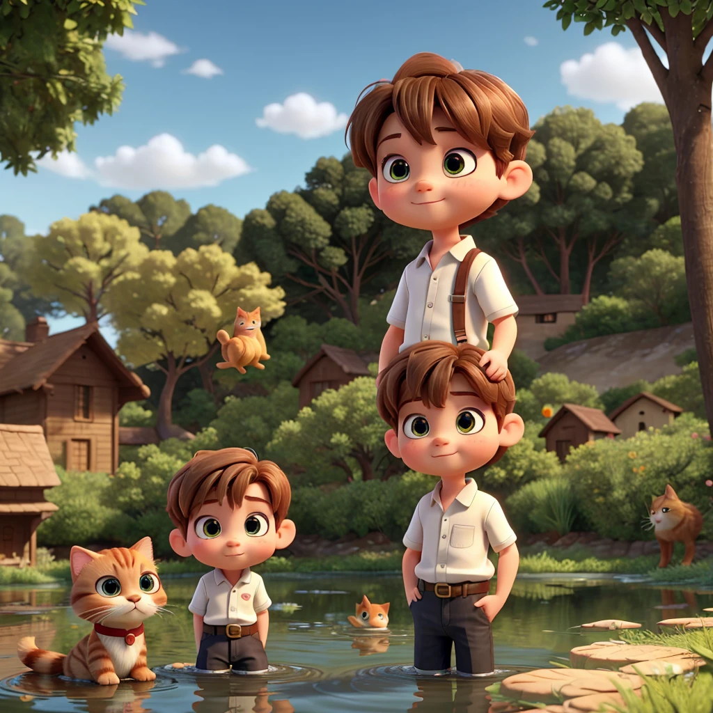 A cute with dark hair and eyes and a blonde stood with a ginger cat, all around the pond, looking at the fish jumping out of the water. Pixar 3d style.