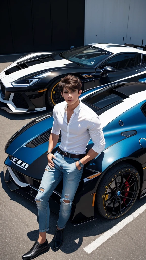 A young man in a white shirt and jeans stands near a luxury black and blue racing car.