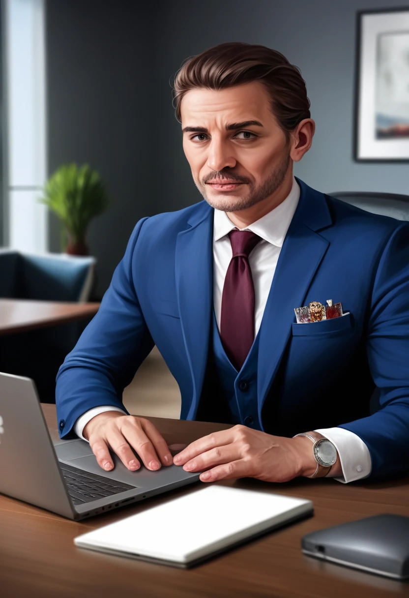 30 year old businessman in elegant suit sitting in professional office environment using laptop, (best quality, 4k, 8k, high resolution, masterpiece: 1.2), highly detailed, (realistic, photorealistic, photorealistic: 1.37), interior offices, elegant furniture, studio lighting, sharp focus, vivid colors, detailed hands and face, business presentation, professional approach, proportional silhouette