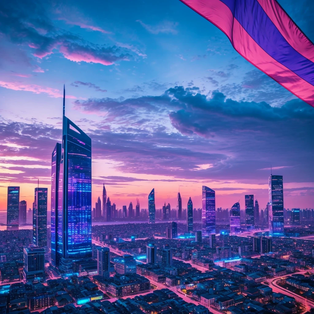 makes an image of a fantasy and futuristic city in the middle of the sunset with blue and pink lighting but that looks like a city taken from paradise itself: use only blue tones, pink and purple, put the transgender flag somewhere in the city