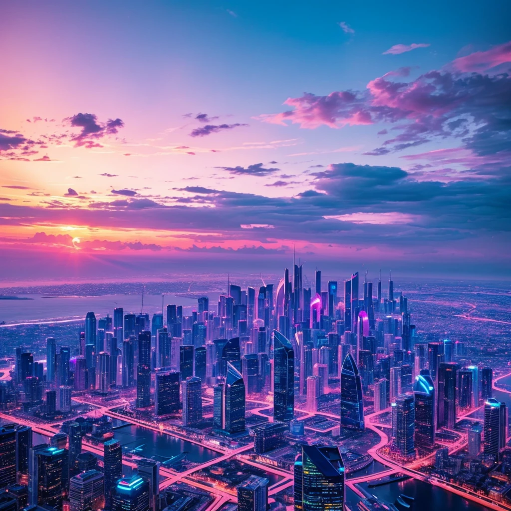 makes an image of a fantasy and futuristic city in the middle of the sunset with blue and pink lighting but that looks like a city taken from paradise itself: use only blue tones, pink and purple, put the transgender flag somewhere in the city
