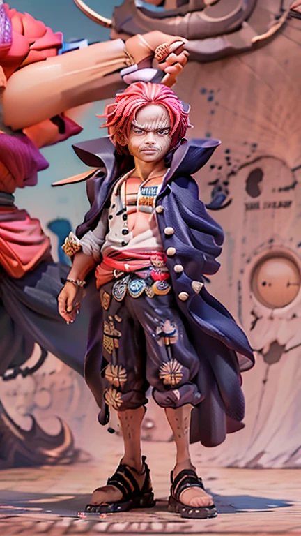 cute 3d render, cute detailed digital art, male explorer mini cute boy, cute digital painting, Stylized 3D rendering, cute digital art, cute render 3d anime boy, The little pirate Shanks looks up, cute! C4D, Anime Pirate Boy Portrait, He is wearing a long-sleeved black cardigan with four buttons。, With a yellow belt around his waist, Blue shorts with cuffs, Sandals.