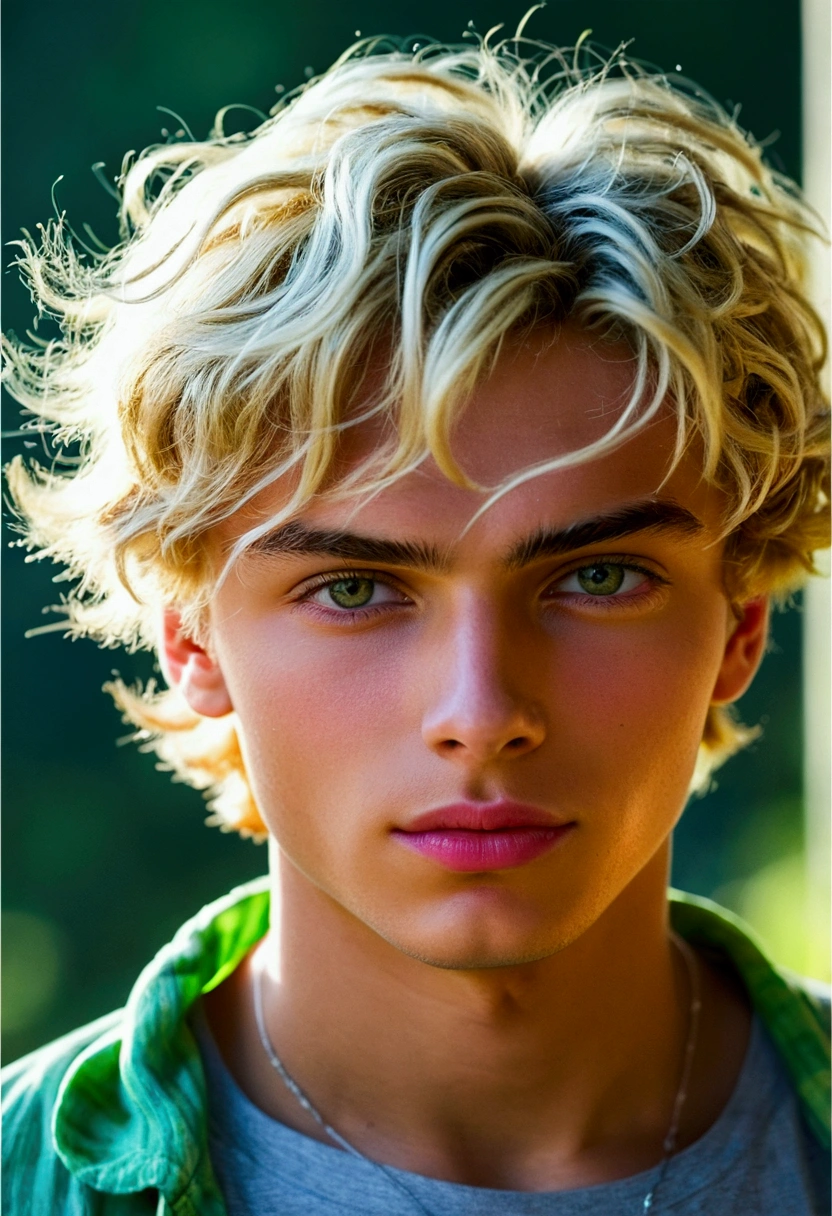 1 cute young boy, wavy and completely golden blonde hair, skin fair, bright and friendly round eyes, full, pink lips, young and feminine face