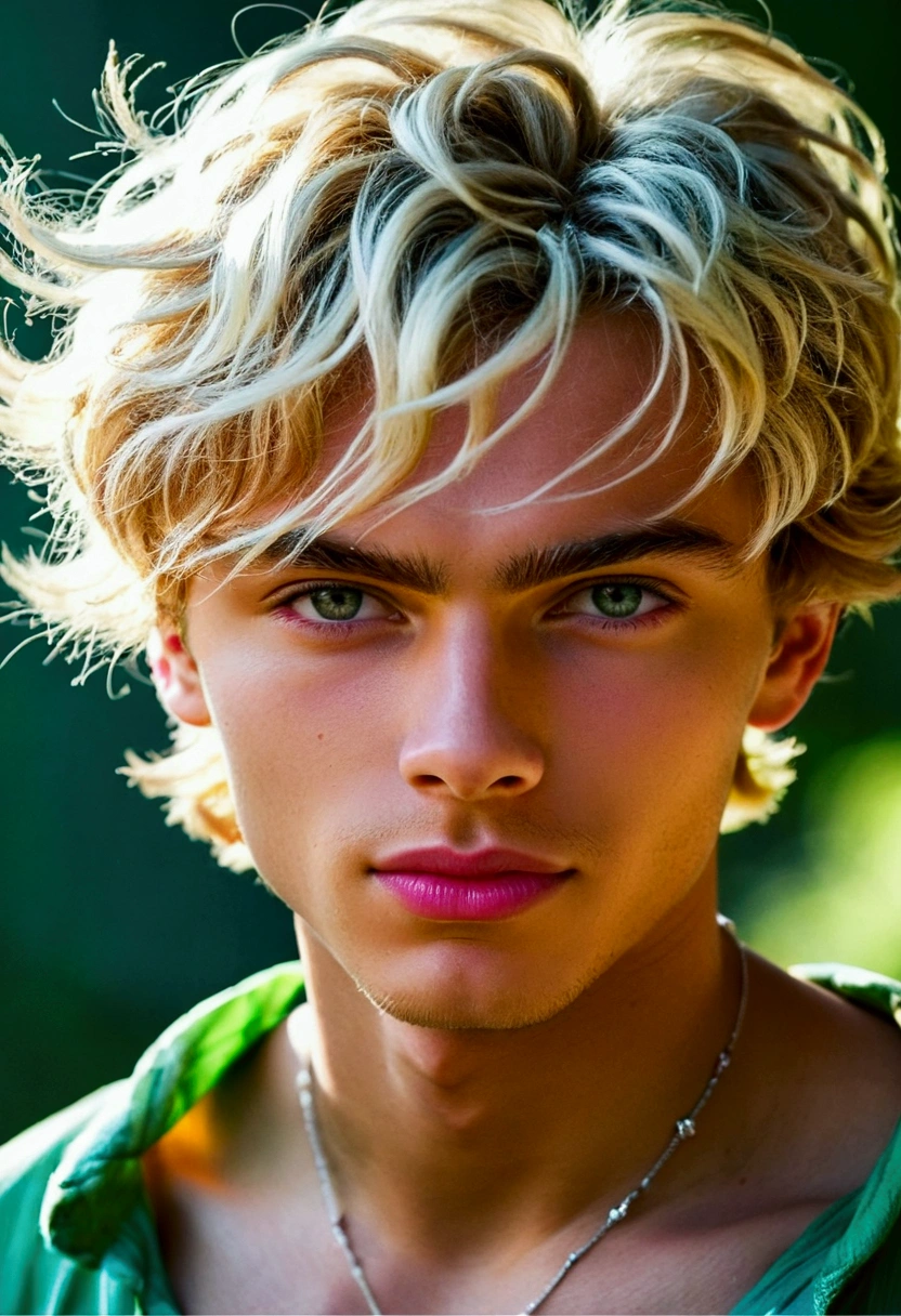 1 cute young boy, wavy and completely golden blonde hair, skin fair, bright and friendly round eyes, full, pink lips, young and feminine face