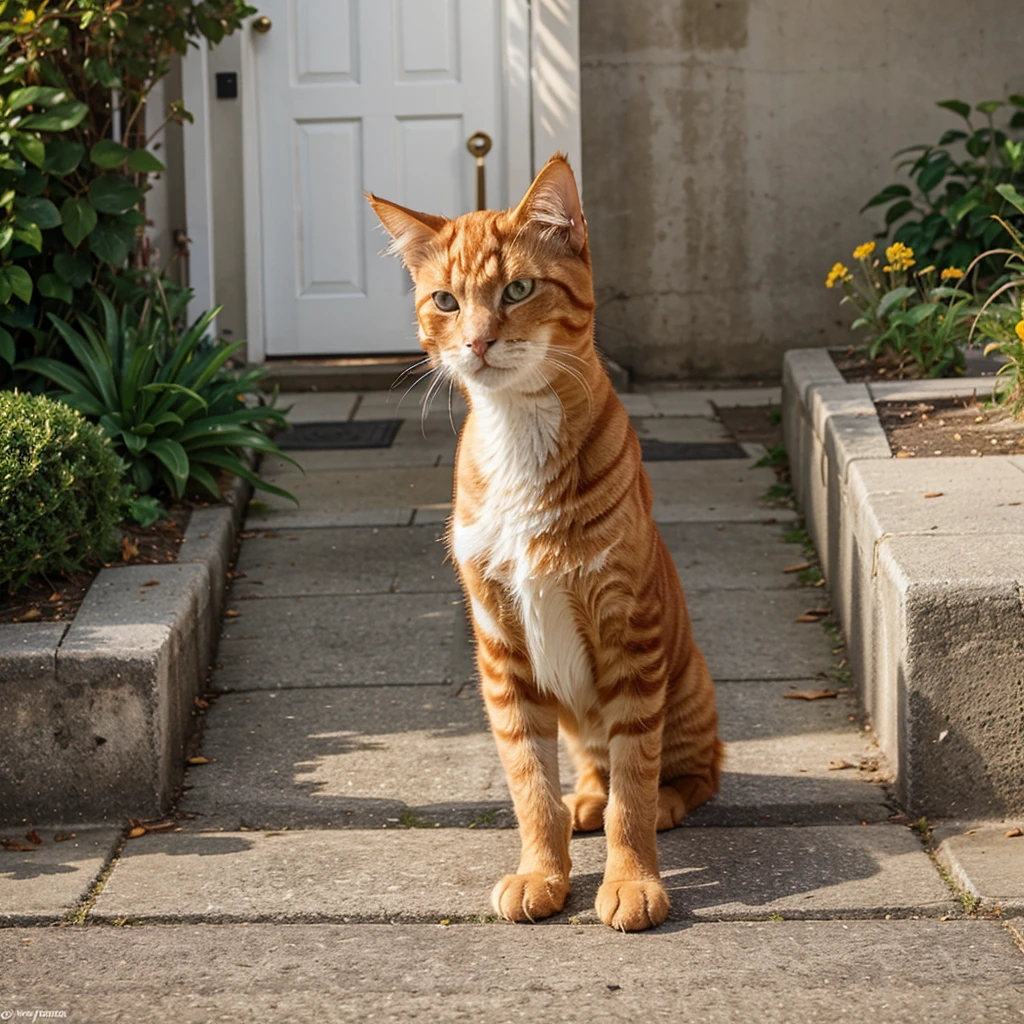 ginger cat walks along the curb 