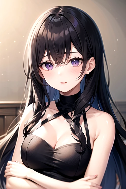 ((Highest quality)), One woman, Highest quality, masterpiece,Black Hair, Purple eyes,Black clothes, front, Upper Body,hair,Fair skin,Long Hair、Curly Hair