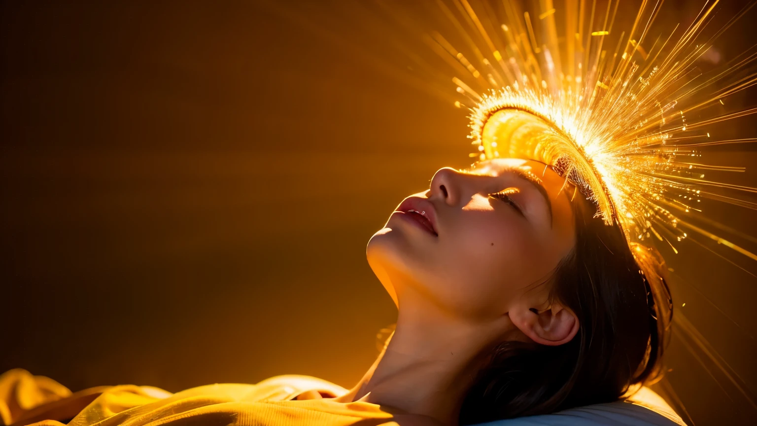 ((best quality)), ((masterpiece)), (detailed), A person experiencing a moment of profound realization, with a burst of light around their head, symbolizing spiritual awakening and enlightenment