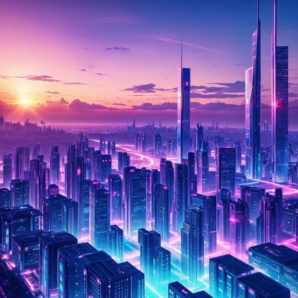 makes an image of a fantasy and futuristic city in the middle of the sunset with blue and pink lighting but that looks like a city taken from paradise itself: use only blue tones, pink and purple, put the transgender flag somewhere in the city