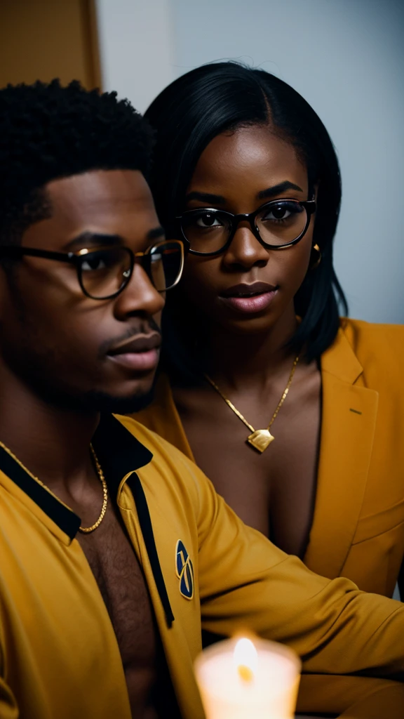 young black men and woman with gold diamonds glasses , 4:3, photo 12k resolution hash flash lighting, shot on ALEXA 65, Velvia 100 , underexposed, Voigtlnder Nokton 50mm f1.1, in the style of Martin Nikon Z 8 with Zoom Lens | with 24-120mm