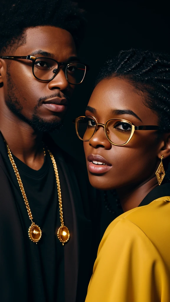 young black men and woman with gold diamonds glasses , 4:3, photo 12k resolution hash flash lighting, shot on ALEXA 65, Velvia 100 , underexposed, Voigtlnder Nokton 50mm f1.1, in the style of Martin Nikon Z 8 with Zoom Lens | with 24-120mm