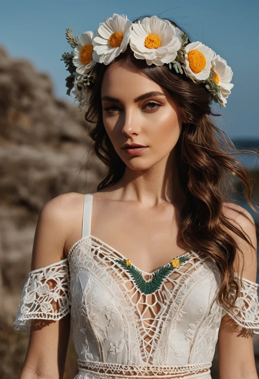 wedding dress with a bohemian style made from lightweight and comfortable fabrics such as cotton and lace. Designs inspired by nature with large flowers and plants, along with hand-embroidered and macrame decorations.