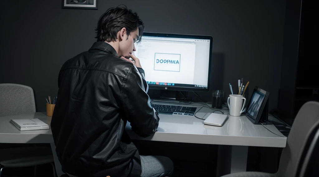 Man sitting on a chair staring at a computer or cell phone screen, surrounded by social media icons, addictive website apps and dopamine molecules. Black and white image