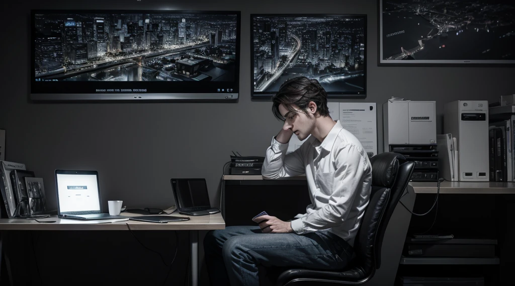 Man sitting on a chair staring at a computer or cell phone screen, surrounded by social media icons, addictive website apps and dopamine molecules. Black and white image