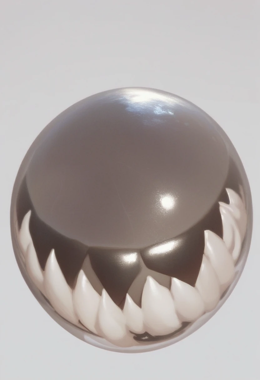 bubble, solo, simple background, white background, grey background, no humans, still life, black eyes, sharp teeth, circle, creature, source