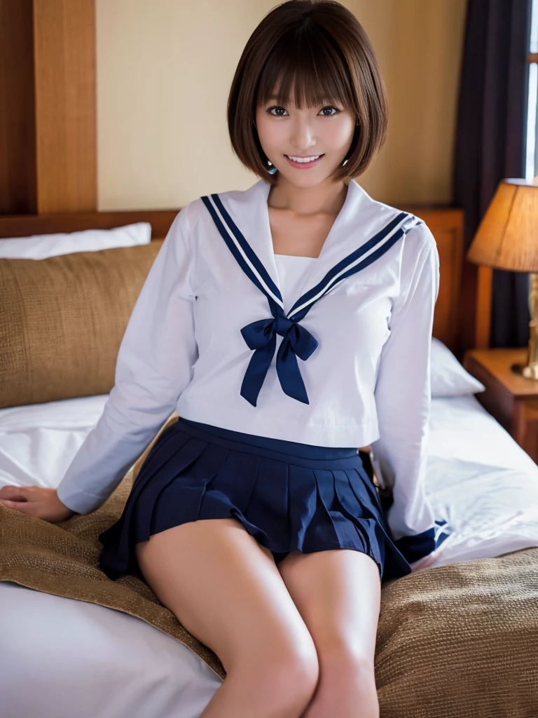 (Super reality:1.2), (digital art, digital illustration, 4k, 8k, Super detailed, beautiful images, clear image, (realistic), (RAW photo:1.3), perfect face, perfect lines, perfect eyes, Accurate body shape, dark lighting) , 1 Japanese cute girl after school, solo, school uniform, (sailor suit, serafuku:1.3), (short cut hair style:1.3), Beautiful face, amateur girl, sexy gyaru:1.3, ((life down panties)), so japanese young Idol, full chest, slim body style, (Inside the hotel, American size bed room, Antique furniture), Precise arms, precise hands and fingers, Beautiful hands and fingers, small smile, Beautiful thighs, (sitting with knees up on bed)