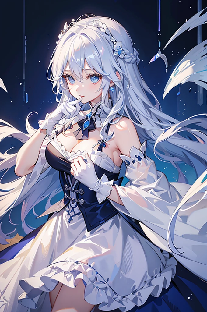 A woman with white hair and blue eyes、adult、Long, fluffy wavy hair、Braiding、Wearing hair ornaments、Princess、White gloves、Wearing a lace dress、Putting index finger on lips、Fantasy