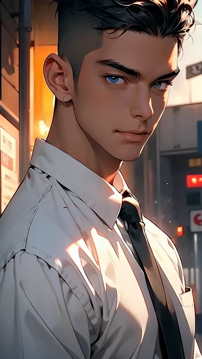 highest quality, 8K, high resolution image, anime style Jujutsu Kaisen, detailed strokes, slightly tanned skin, blurry, purple light reflecting from it, (close angle), 1 man, young, male, model, cool guy, muscular, shaved body, smile, blue Eyes, brown very short hair, brown hair, short hair, hairstyle: undercut, hair slicked back, swollen chest, He wears a white shirt with a gold link chain, a black suit, one hand in his pocket, he has a casual but professional look, background: he is a CEO and is at an IT presentation event lots of people on the road, Business event, business meeting, Presentation of the latest products