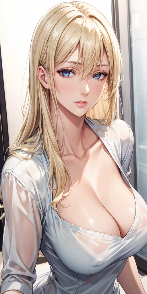 Elegant mature woman, milf, blue eyes, blonde hair, soft light, high detailed, 4k resolution, high quality, beautiful cg