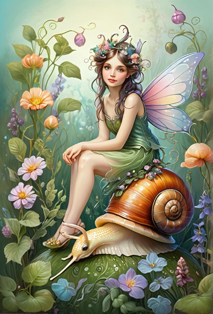 Beautiful tiny fairy sitting on a snail,flowers,vines,grass(high quality),(refined details),(art work),(pastel painting),(fantasy style)