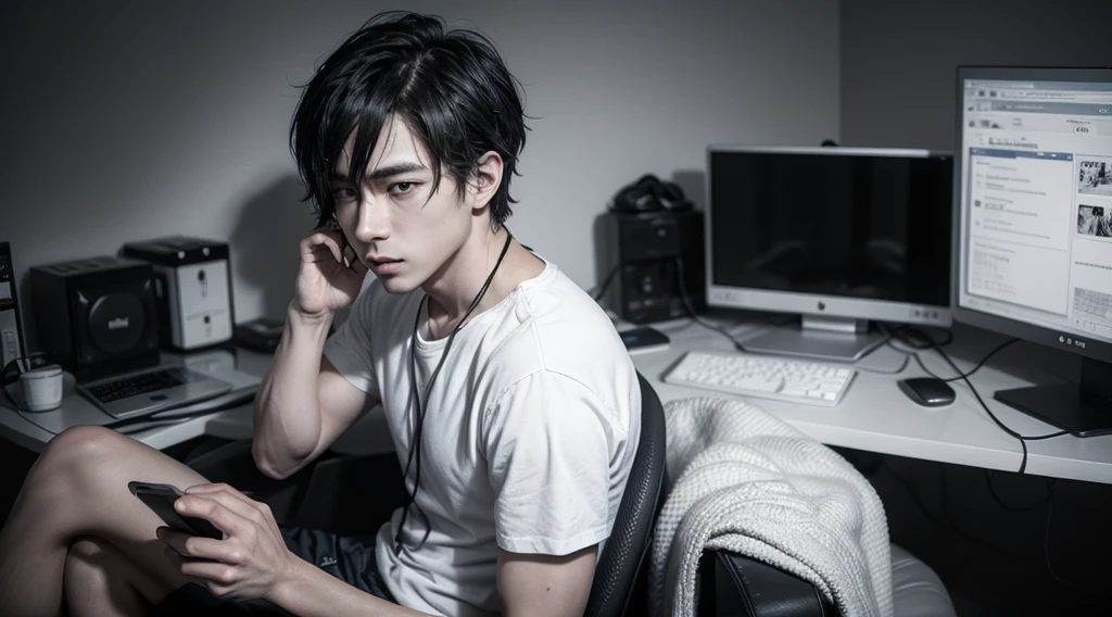 Man sitting on a chair staring at a computer or cell phone screen, surrounded by social media icons, addictive website apps and dopamine molecules. Black and white image, anime style characters