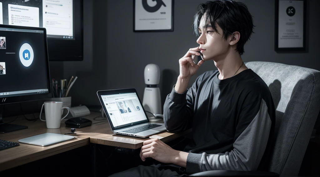 Man sitting on a chair staring at a computer or cell phone screen, surrounded by social media icons, addictive website apps and dopamine molecules. Black and white image, anime style characters