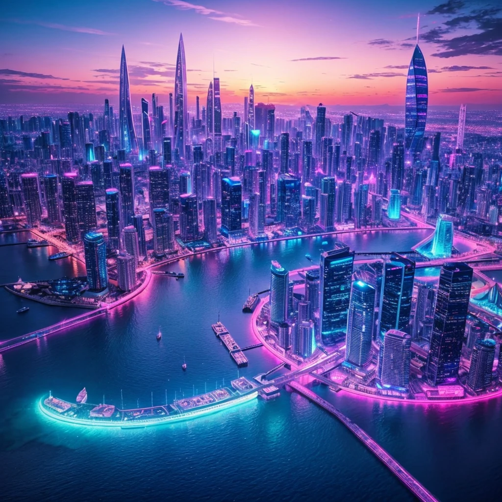 makes an image of a fantasy and futuristic city in the middle of the sunset with blue and pink lighting but that looks like a city taken from paradise itself: use only blue tones, pink and purple, put the transgender flag somewhere in the image