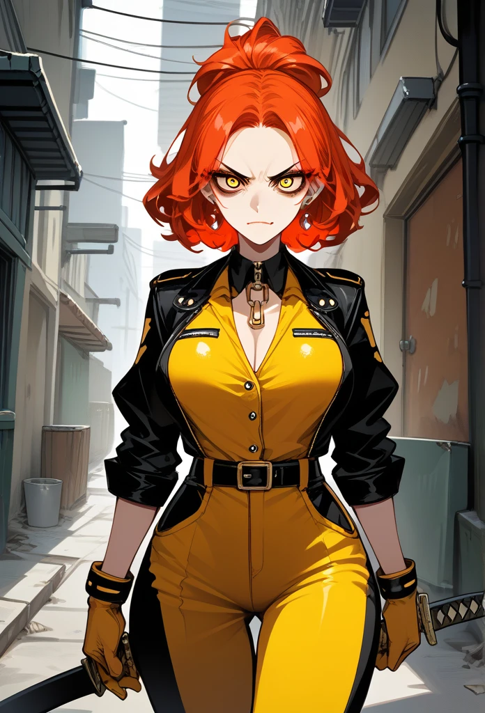 masterpiece, best quality, mature woman, mature face, trimmed hairstyle, red hair, mature face, hot face, sharp eyes, big breasts, voluptuous body, golden eyes, gangster outfit, looking at viewer, tough appearance, alley, (looking serious), lunatic face, lunatic smile, (glaring eyes, piercing eyes), lunatic expression, (holding katana)
