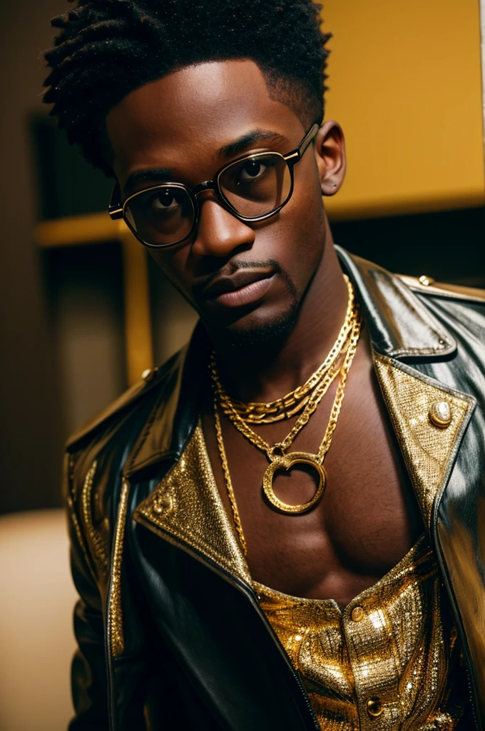 young black men wearing gucci with gold diamonds glasses , 4:3, photo 12k resolution hash flash lighting, shot on ALEXA 65, Velvia 100 , underexposed, Voigtlnder Nokton 50mm f1.1, in the style of Martin Nikon Z 8 with Zoom Lens | with 24-120mm