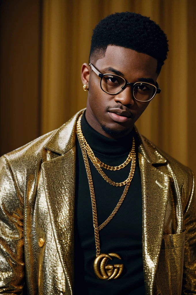young black men wearing gucci with gold diamonds glasses , 4:3, photo 12k resolution hash flash lighting, shot on ALEXA 65, Velvia 100 , underexposed, Voigtlnder Nokton 50mm f1.1, in the style of Martin Nikon Z 8 with Zoom Lens | with 24-120mm