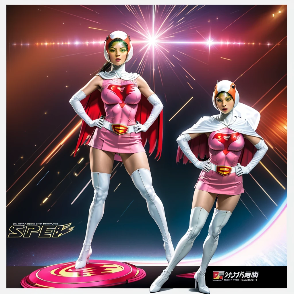 ANI_CLASSIC_jun_gatchaman_ownwaifu,1girl, ,good anatomy, masterpiece, best quality,realistic, hyperrealistic, 16k hdr,breasts,green eyes,lips,large breasts,lipstick,makeup,gloves,cape,helmet,belt,elbow gloves,white gloves,mask,ultra miniskirt,leotard,spacesuit,white tight overknee highheels boots,pink dress,superhero,bodysuit,cleavage,erected nipples,((stand pose,hands on hip,view from below)),cameltoe