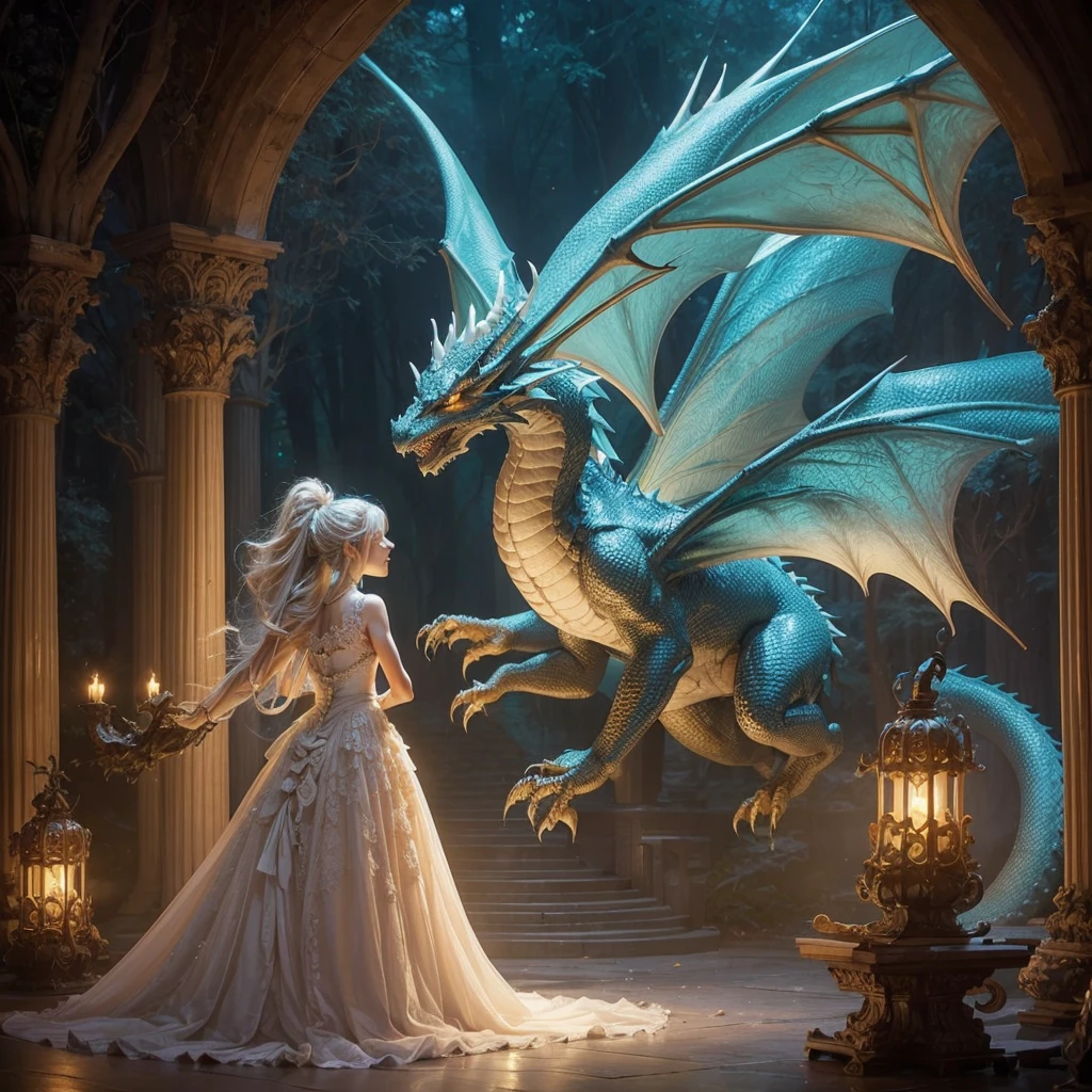 An imposing and frightening dragon in the middle of a forest, looks closely at a single beautiful flower that holds a dragon egg in its core.